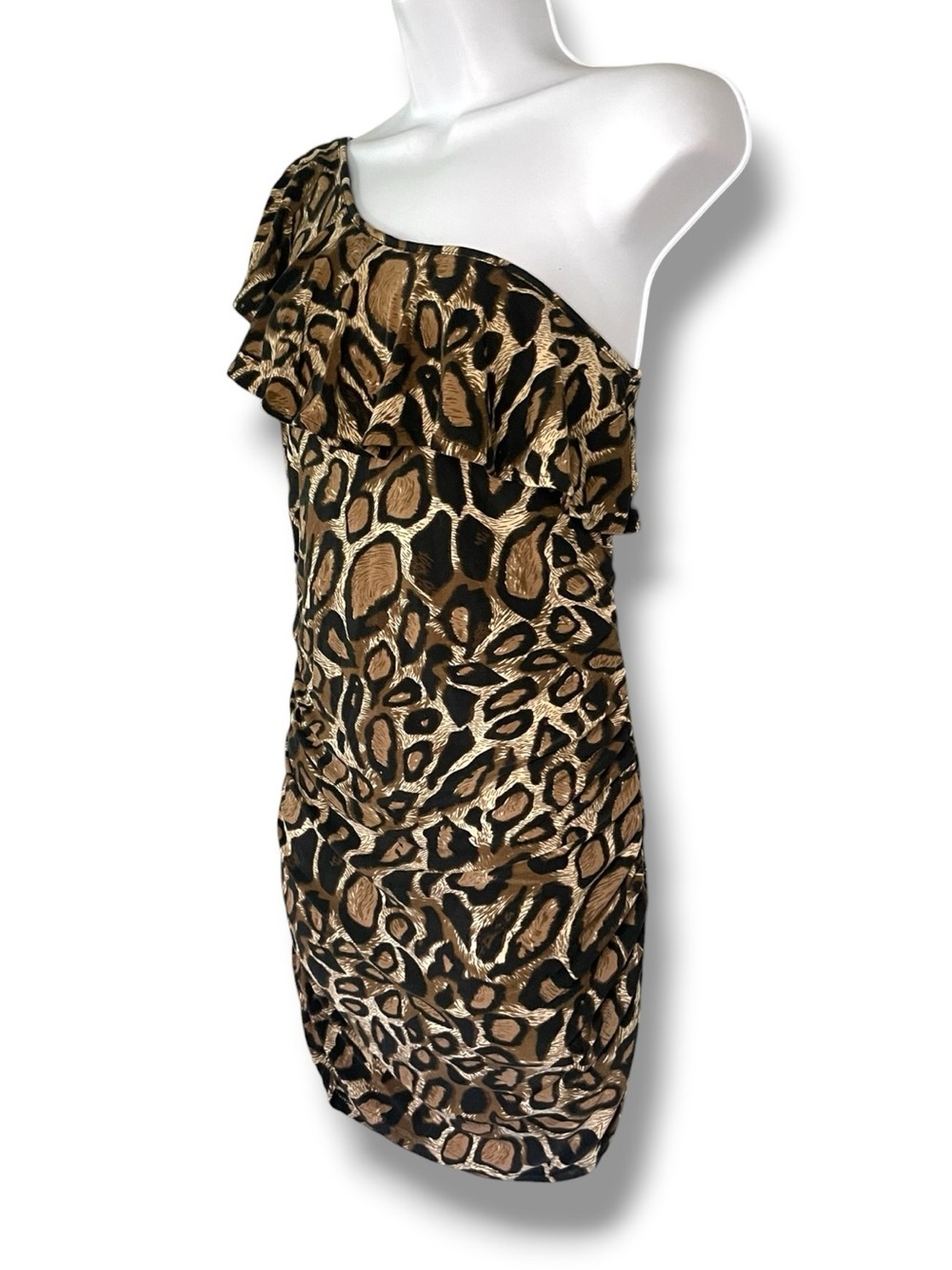 One-Shoulder Leopard Print Ruffle Dress in Brown - Picture 2 of 8